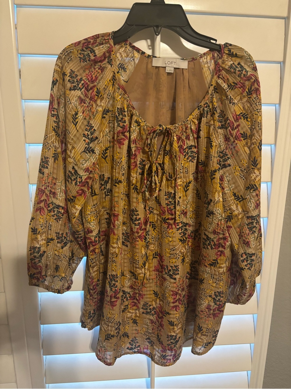 LOFT Mustard Floral Tie-Front Peasant Top